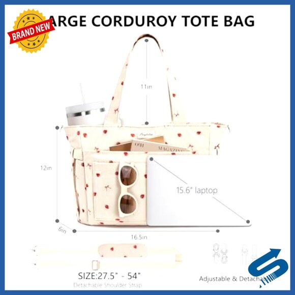 Corduroy Tote Bag Lightweight Multi Pocket Laptop Work Travel Shoulder Purse - Picture 2 of 7